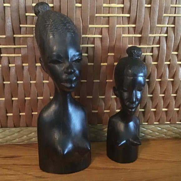 Vintage African Ebony Wood Hand Carved Female Figures  Sculptures ( 2 ) - Picture 1 of 6